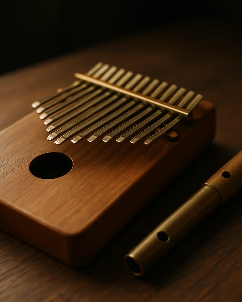 Kalimba i low whistle na drewnianym stole, zbliżenie na metalowe blaszki i drewniany korpus, miękkie zastane światło z o