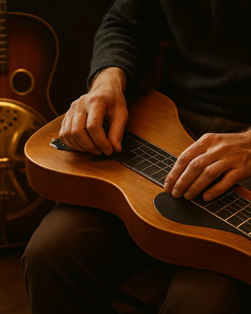 Gitara rezofoniczna i lap steel Weissenborn, detal metalowego rezonatora i strun, dłonie przy instrumencie, ciepłe świat