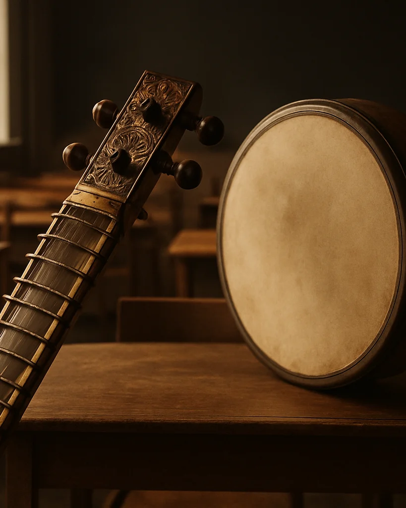 Sitar i bodhrán w szkolnej sali, detal strun sitaru i naciągniętej membrany bodhránu, miękkie naturalne światło z okna,
