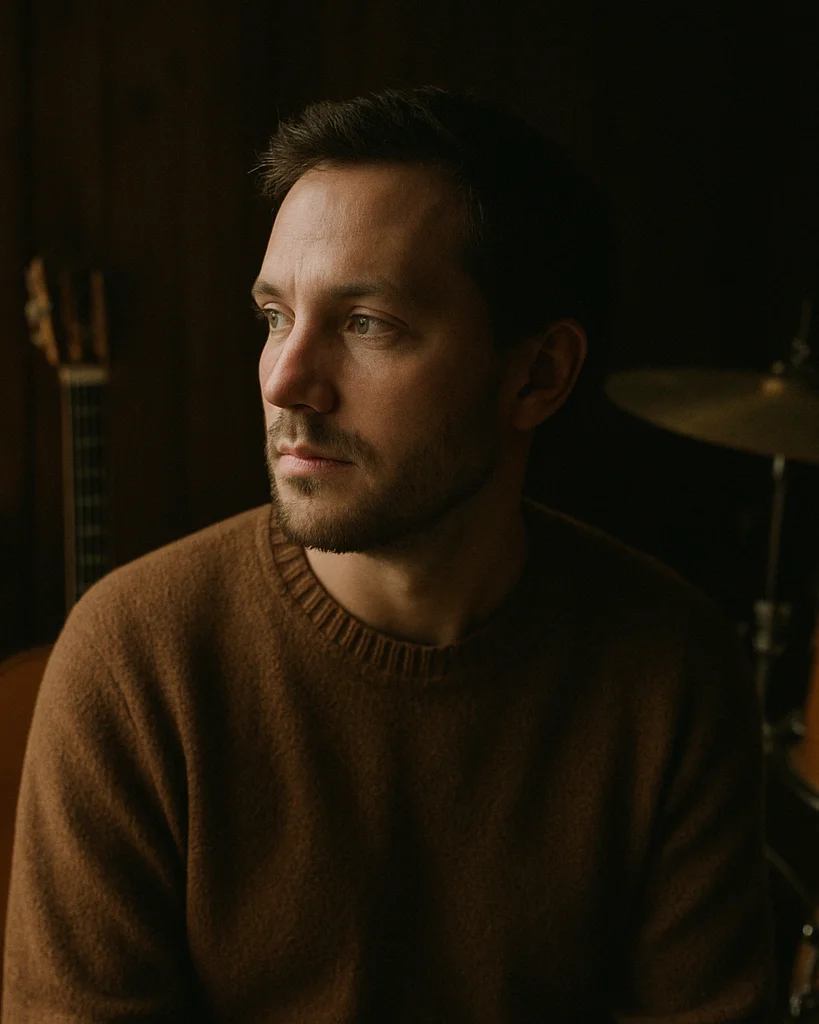 Ciepły portret prowadzącego w drewnianej pracowni obok instrument