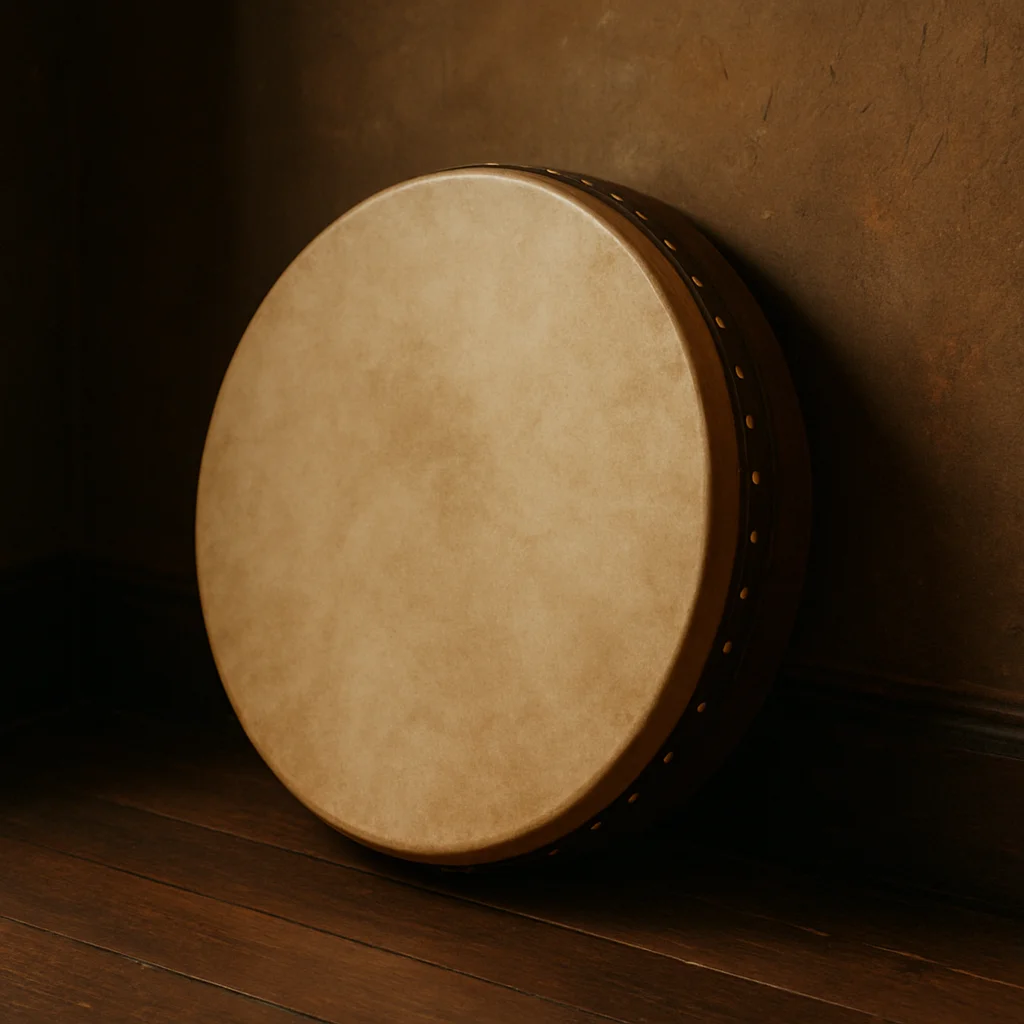 Bodhrán oparty o ścianę szkolnej sali, detal naciągniętej membran