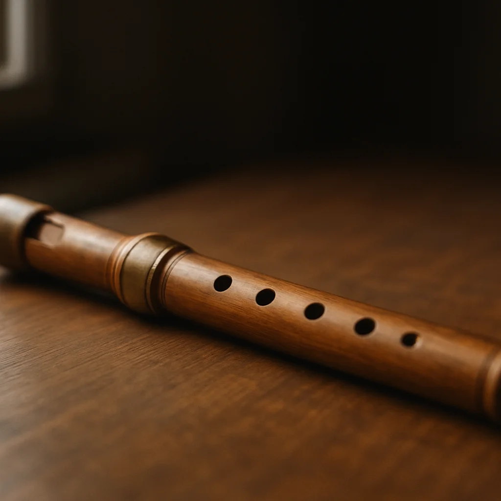 Low whistle na drewnianym stole, zbliżenie na otwory i metalowy k