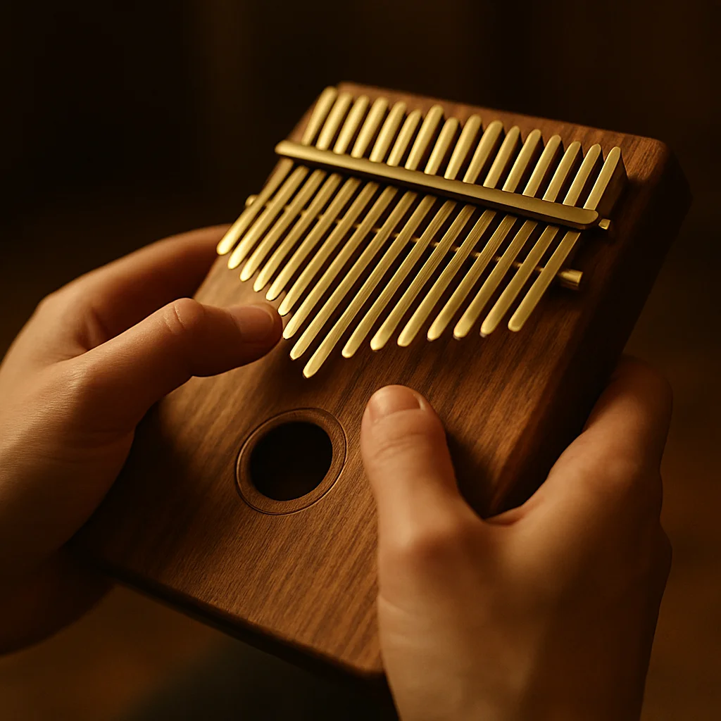 Kalimba z metalowymi blaszkami, zbliżenie na dłonie grające na in