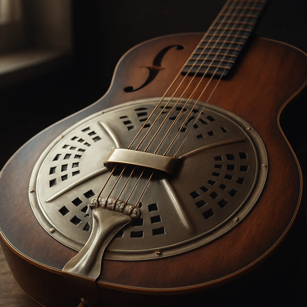 Gitara rezofoniczna z metalowym rezonatorem, detal strun i faktur