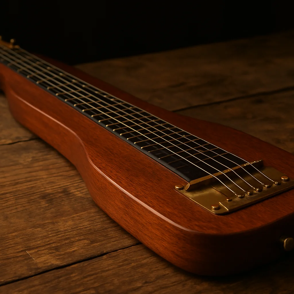 Lap steel Weissenborn leżący na drewnianym stole, detal gryfu i s